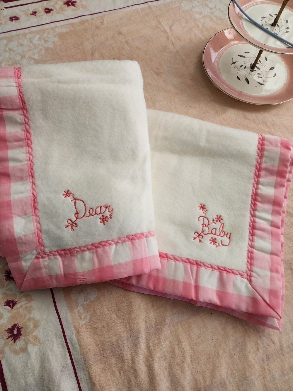 Vtg New White & Pink Baby Blankets with Pink Gingham Trim